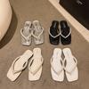 Cool Slippers Women's Summer Outer Wear Fashion Year New Pearl Rhinestone Square Head Foot Clip Flat Bottom Non-slip Flip-flops