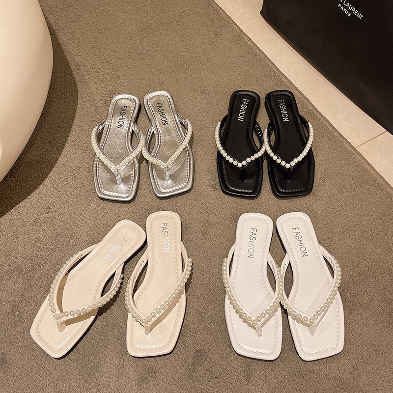 Cool Slippers Women's Summer Outer Wear Fashion Year New Pearl Rhinestone Square Head Foot Clip Flat Bottom Non-slip Flip-flops