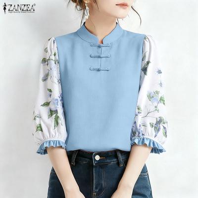 Women Casual Stand Collar Print Splice 3/4 Sleeve Blouse