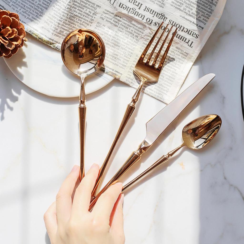 European Rose Gold 304 Stainless Steel Western Cutlery Set: Long Handle Mixing Spoon & Fruit Fork.