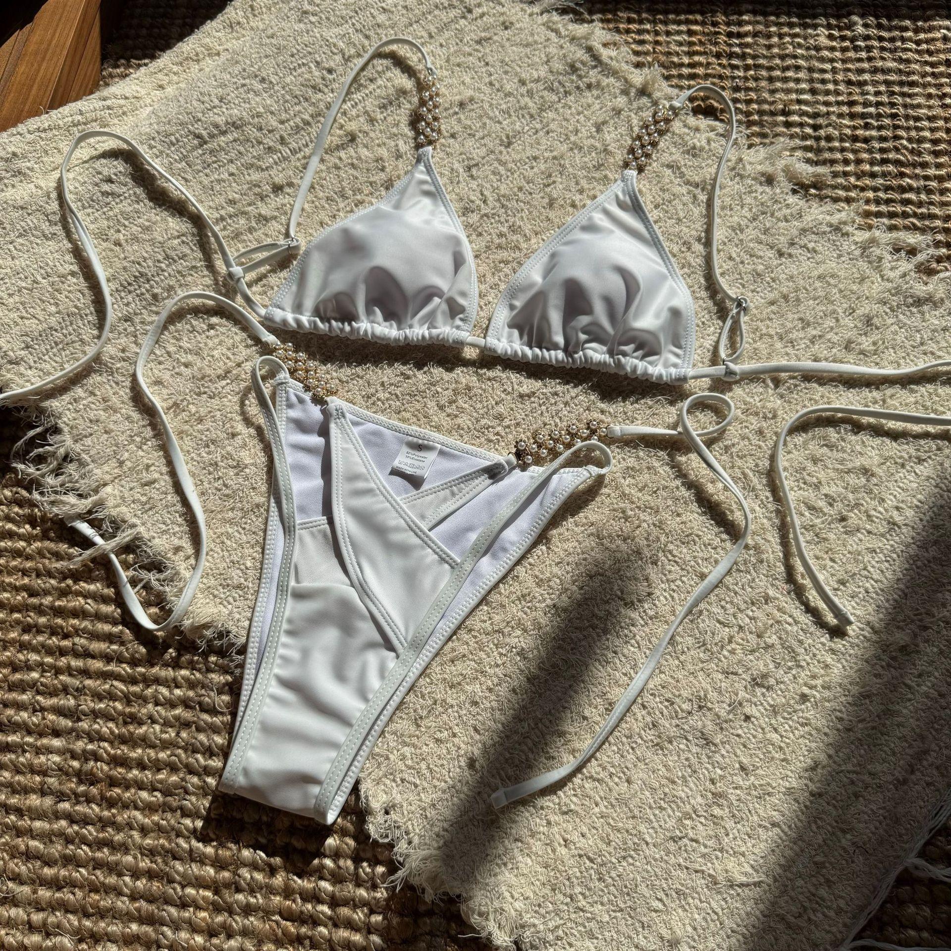 European and American solid color creative splicing pearl flower accessories sexy split swimsuit bikini bikini S
