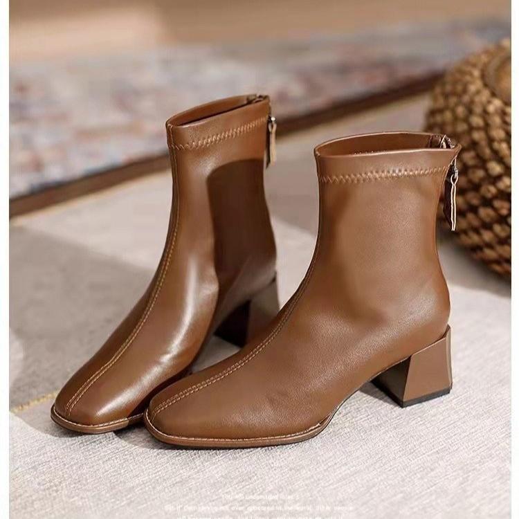 2025 Women's Fashion Boots Square Toe Square Heel Back Zipper Short Boots Retro All-match Korean Style Spring and Autumn Boots