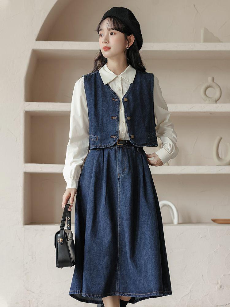 Retro Denim Vest & Midi Skirt Three-Piece College Style Set