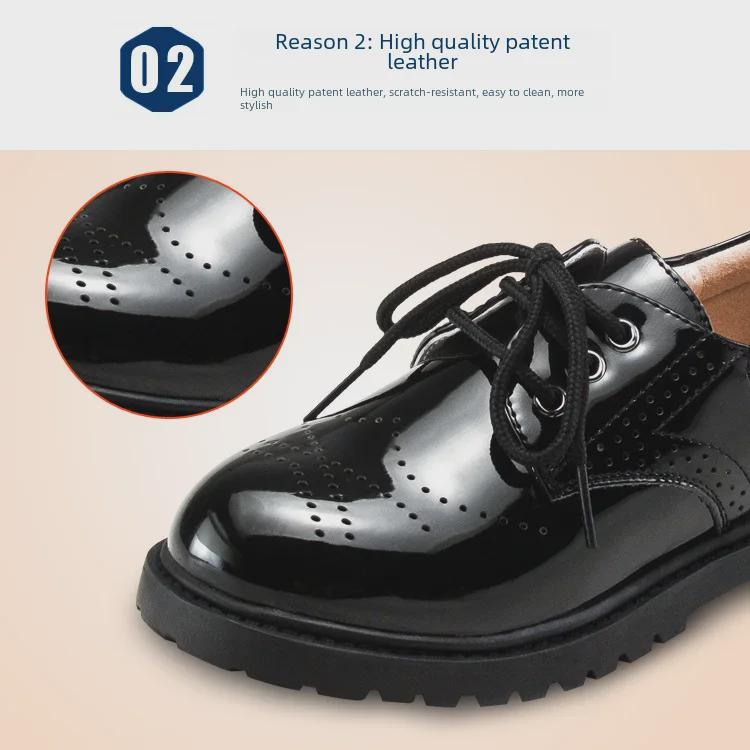 Boys' Black Leather School Shoes - Soft Sole, Floral Design, Korean Style