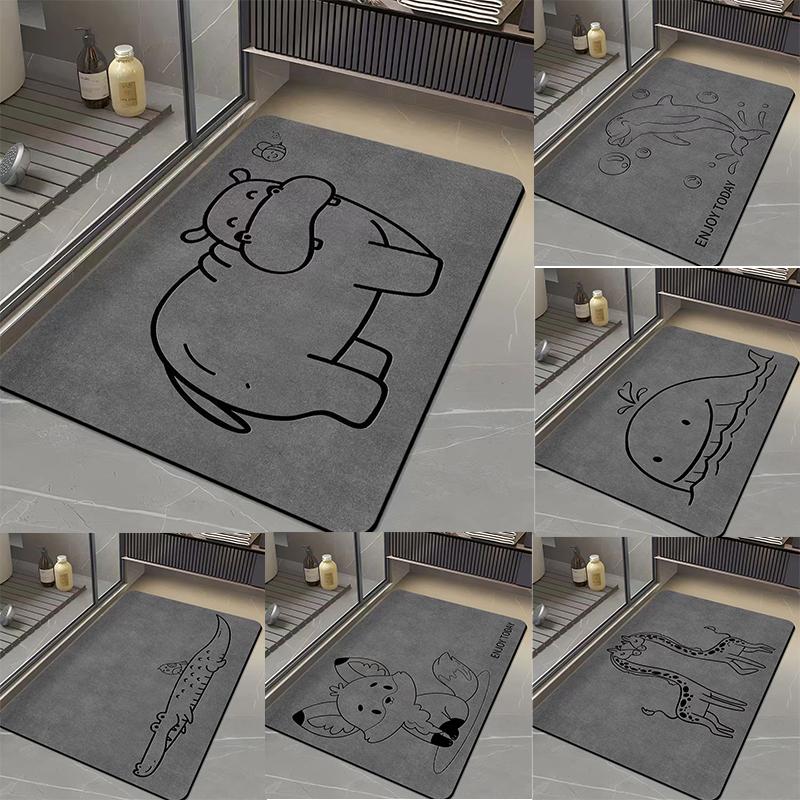 Diatom Mud Bathroom Mat Line Art Cartoon Animal Pattern Quick Dry Absorbent Rug Non Slip Toilet Door Mat Hippo Giraffe Crocodile