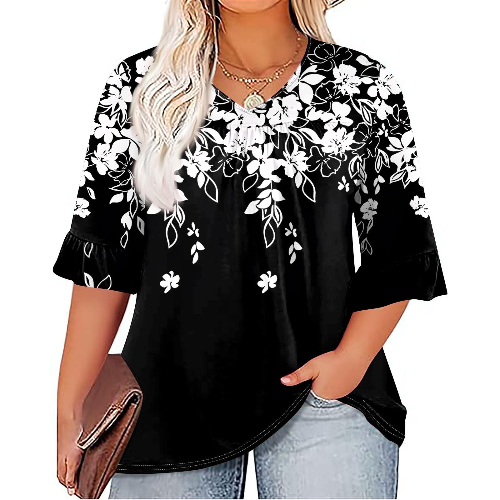 

Женская мода, повседневная плиссированная футболка с v-образным вырезом и принтом, семиминутная футболка с рюшами и рукавами, топы больших размеров XXXXL чёрный