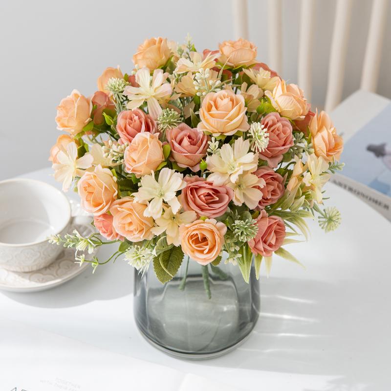 1Pc Artificial Flowers Wedding Home Bedroom Decoration Bridal Bouquet Garden Fake Silk Roses Hydrangeas Vase For Board Outdoors