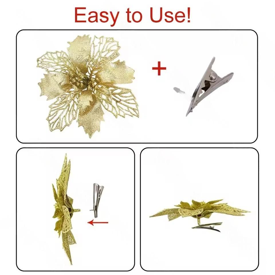 6-24 Stück 15cm Künstliche Weihnachtsblumen mit Clips Stielen, Weihnachtsbaumschmuck Glitzerblume für Girlande Neujahrsparty Dekoration