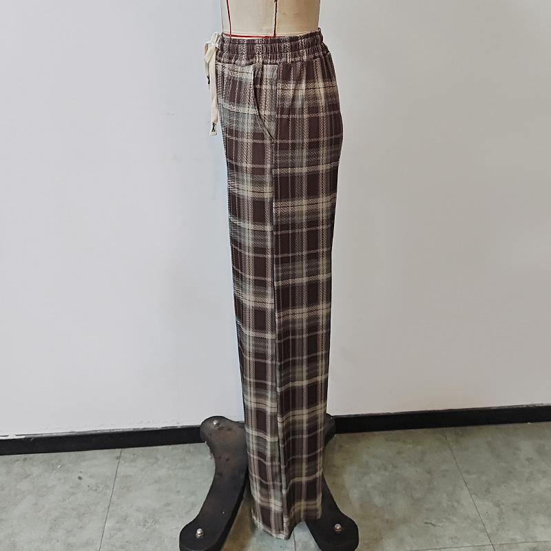 Women's Fashion Temperament Checkered Print Loose Casual Elastic Waist Straight Pants Tide Pant