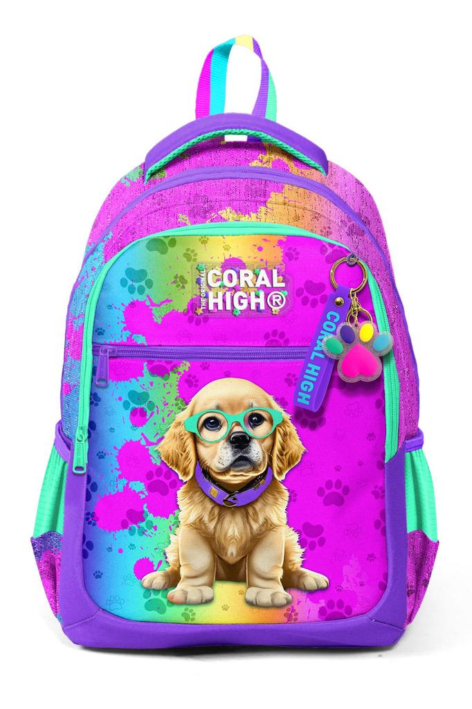 Sac à dos d'école à trois compartiments Coral High Kids à motif chien violet et rose 23649