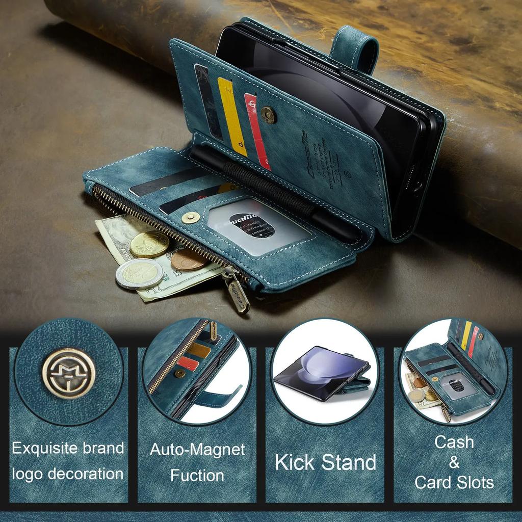 CaseMe Ledertasche für Samsung Galaxy Z Fold 6 5 Reißverschluss-Geldbörse mit Stifthalter Lanyard 2-in-1-Design Kartenfächer Handyhülle