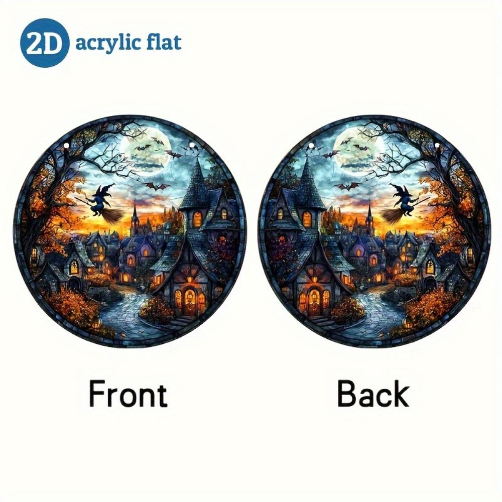 2D Flat Acrylic Halloween Village Decoration - Witch Riding Broom, Full Moon, Suitable for Windows, Walls, Porches, Classrooms, Home Garden Decoration