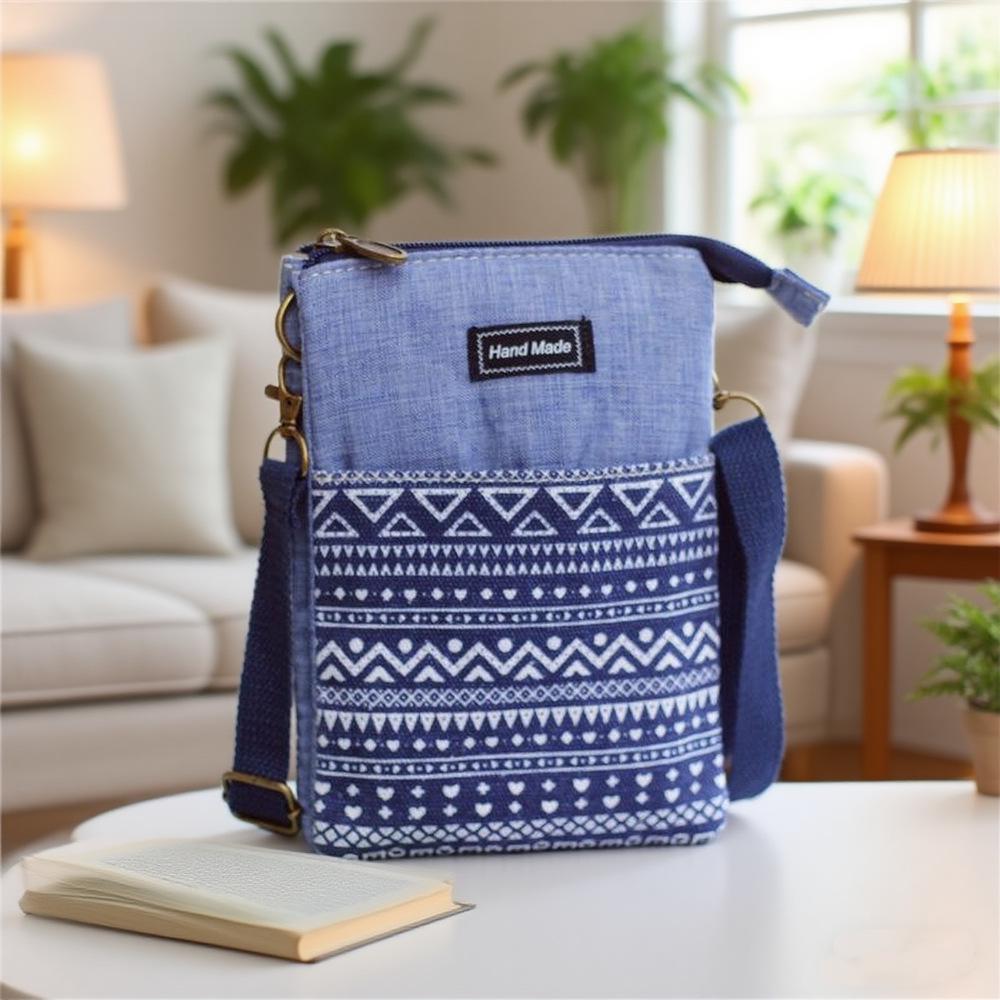 Ethnic White Pattern 5-Layer Crossbody Fabric Bag: Multi-Compartment Fashion Bag for Phone and Makeup, Perfect for Women and Students.
