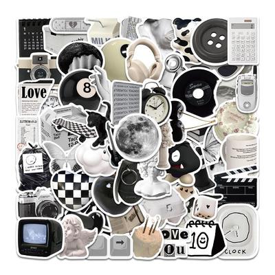 61 adesivos simples preto e branco à prova d'água para malas, guitarras, computadores, telefones, garrafas de água e scooters