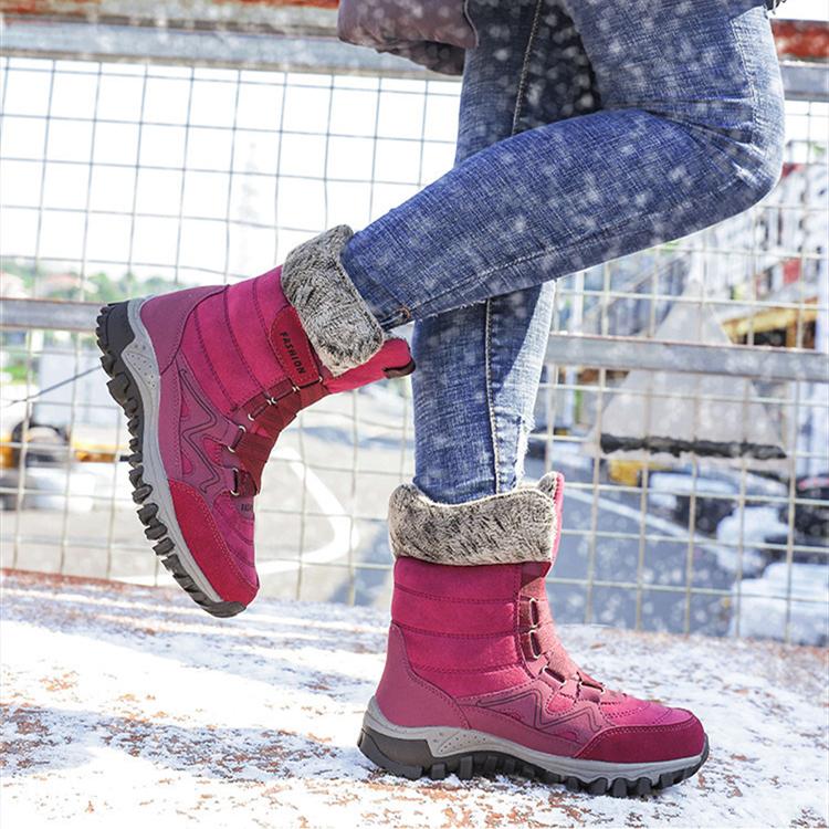 Women Winter Velvet Plus PU Snow Boots Casual Suede Medium Warm High Top Cotton Shoes Large Antiskid Solid Color Lace Up Rope