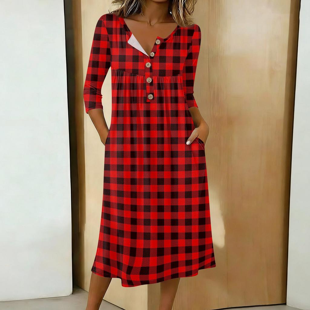 Women's Fashionable Color Printed Round Neck 3/4 Sleeve Button Collar Mid Length Casual Dress