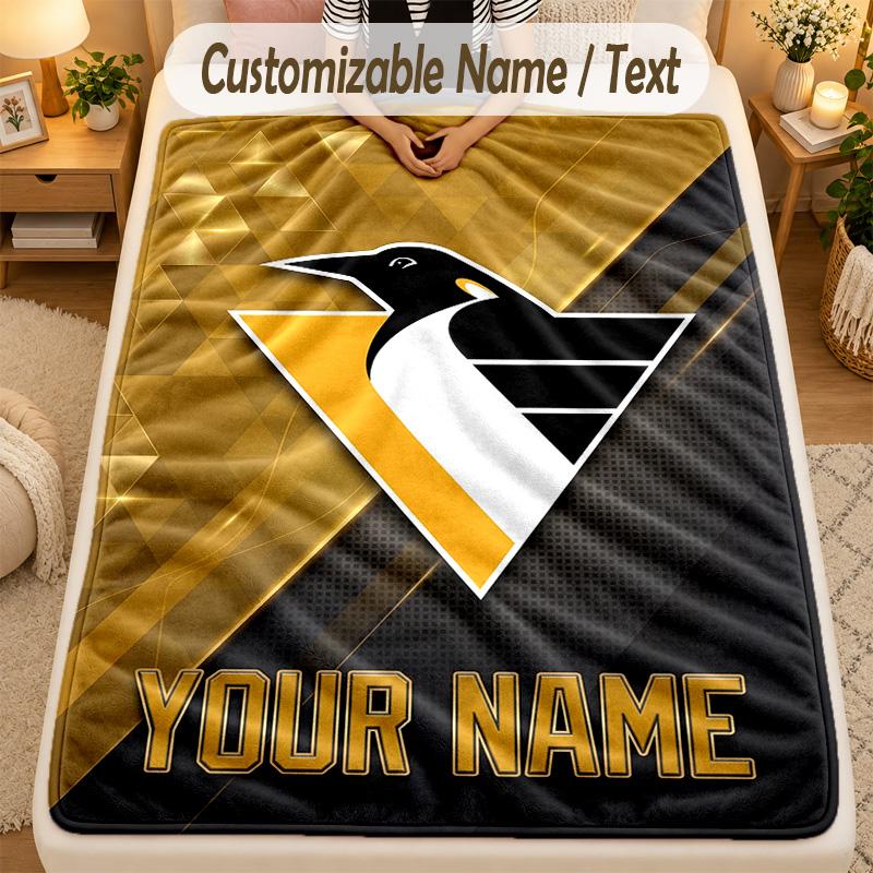 Flannel BlanketPittsburgh Penguins Custom Name Text Personalized Soft Warm Throw Blanket Home Decor Gift
