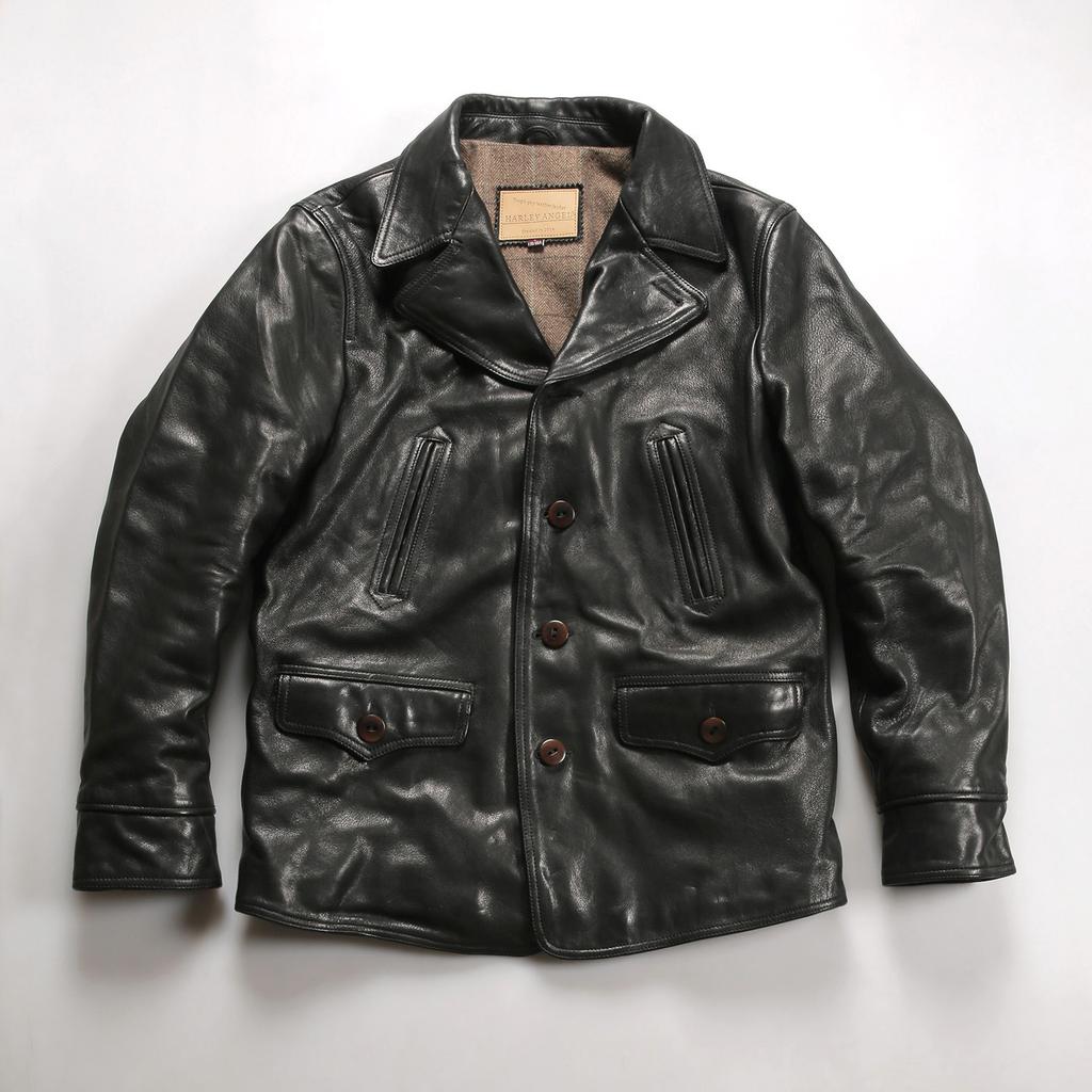 Vegetable tanned goatskin dispatcher leather jacket men's casual medium and long lapel leather coat