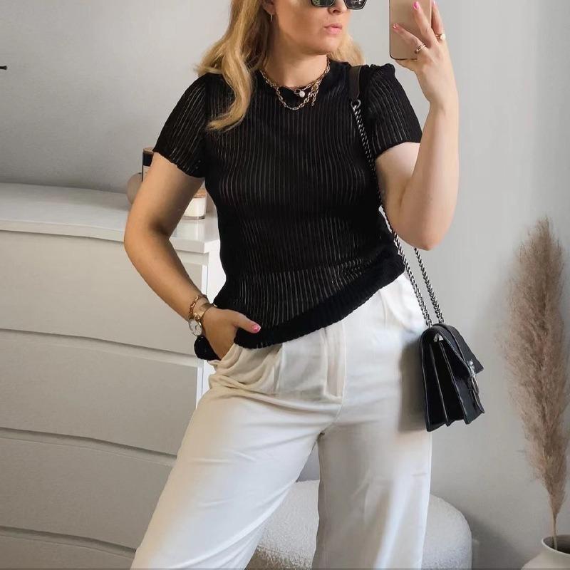 Spring and Summer Short-sleeved Round-neckthin and Breathable Knitted Wool Top