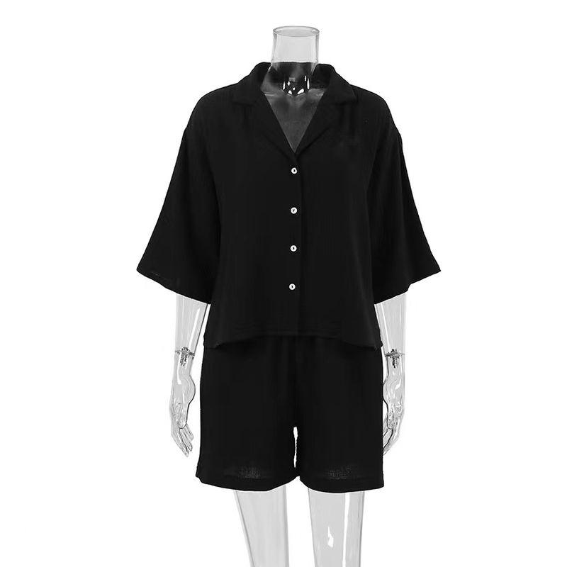 

Fashion Style Casual Shirt Shorts Two-Piece Suit Homewear Loose Fitting Shirt Shorts Set Black M