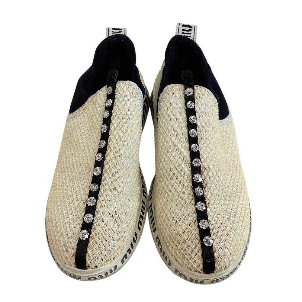 MIUMIU Crystal Bijou Leather Leather Slip-on Black Leather Used