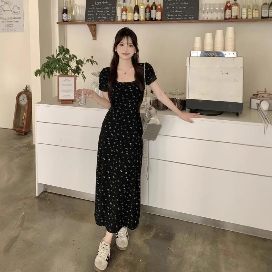 French Floral Short-sleeved Dress Summer New Women's Clothing Black Slim and Thin Temperament Medium and Long Skirt