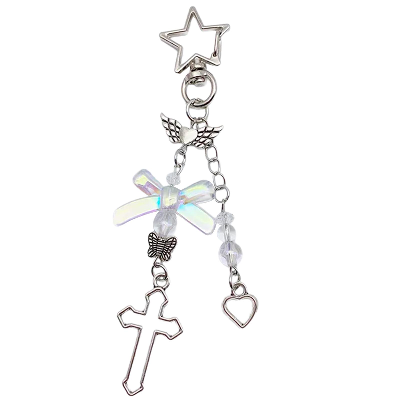 

Брелок ручной работы с цветным бантом, бисером, телефоном, подвеской в виде крестиков, брелок для женщин, девочек, сумочки, рюкзака прозрачный