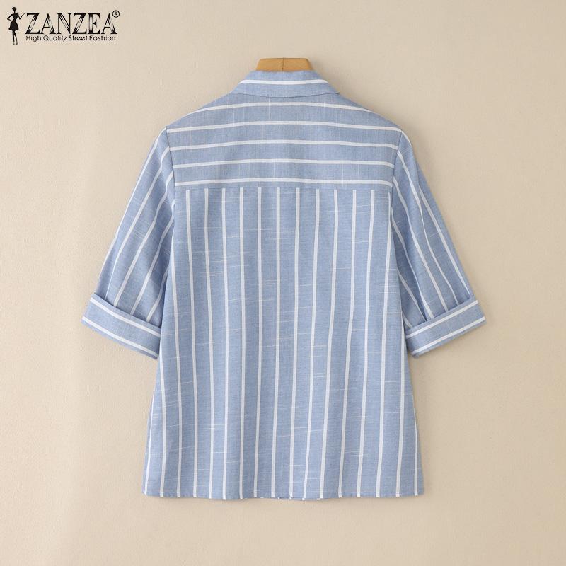 ZANZEA Women Turn Down Collar Loose 3/4 Sleeve Stripe Blouse