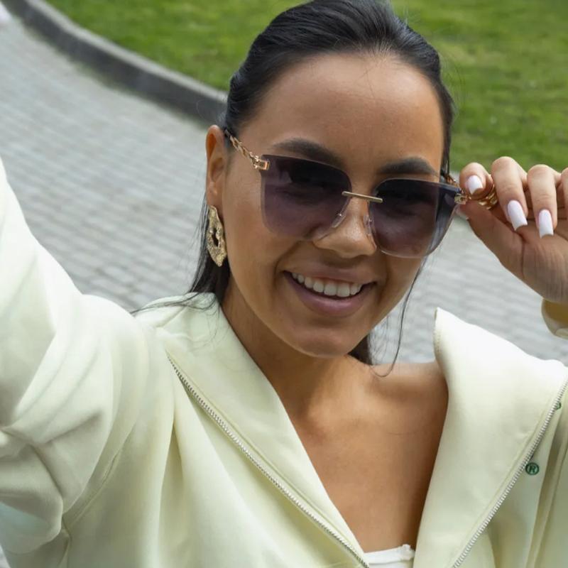 2pcs Fashion Rimless Large Cat Eye Sunglasses Women Gradient Brown Cutting Lens Sun Glasses For Female Alloy Eyeglasses UV400