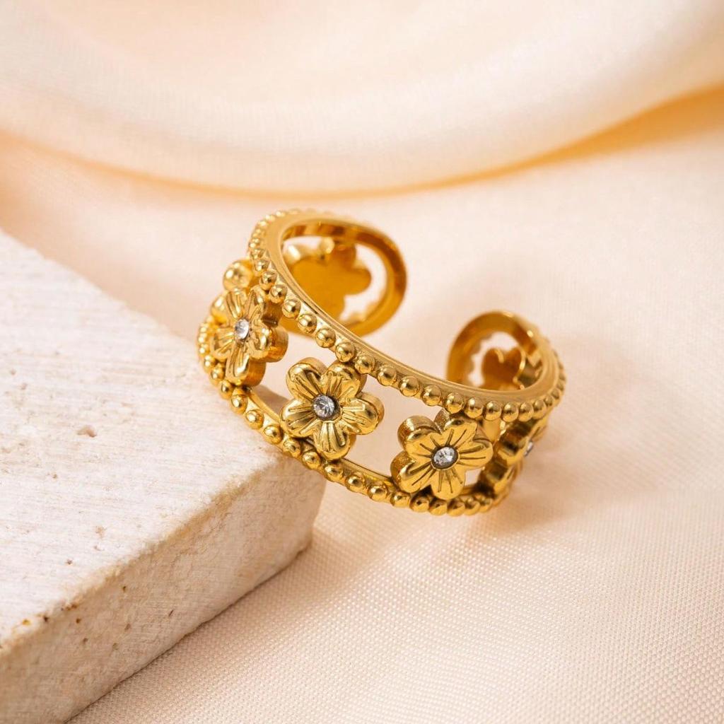 Elegant Gold-Plated Stainless Steel Zirconia Flower Ring for Daily Wear and Special Occasions