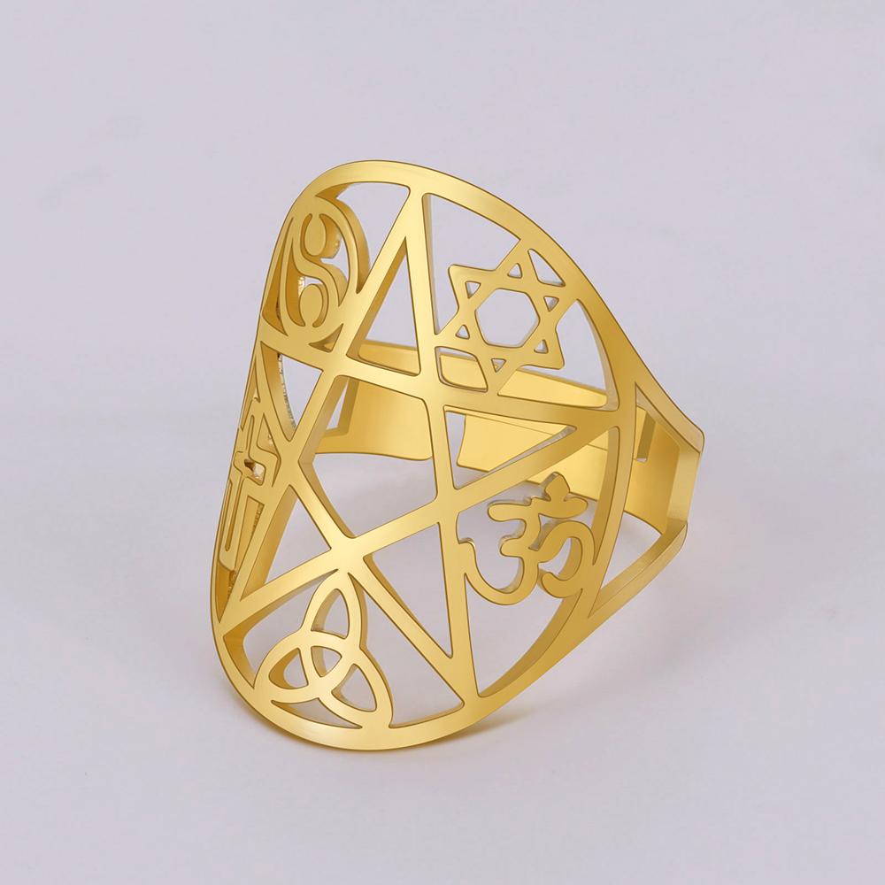 Dawapara Coexist Spiritual Symbols Adjustable Ring Good Luck Amulet Peace Unity Religious Dharma Wheel of Life Stainless Steel