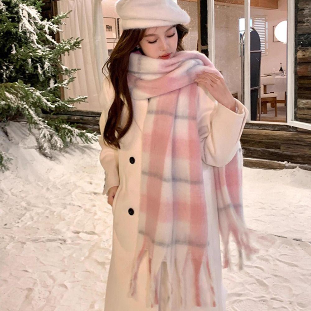 Checkered Wool Tassel Scarf Coldproof Women Shawl Fashion Winter Cashmere Scarves  Cold Weather