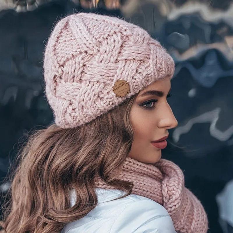 Autumn Winter Hat Knit Hats Warm Knitted Beanie Cap for Women Femme  Thick Stretchy Cap Faux Fur Caps