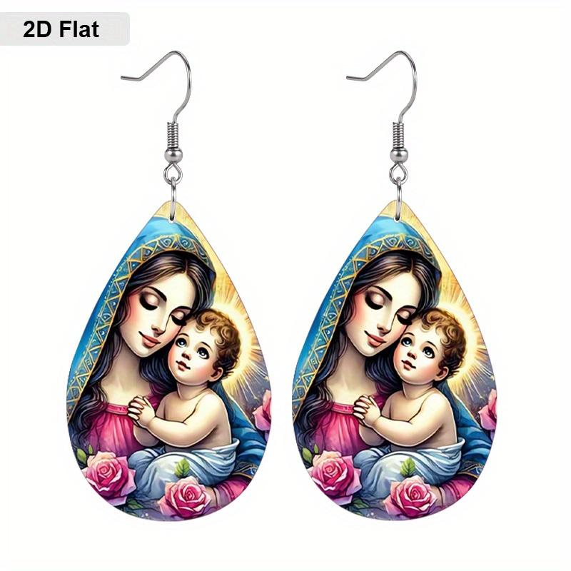 Elegant Our Lady with Angel PU Drop Dangle Earrings, Inspiration Jesus Theme Double Sided Hoop Earring,