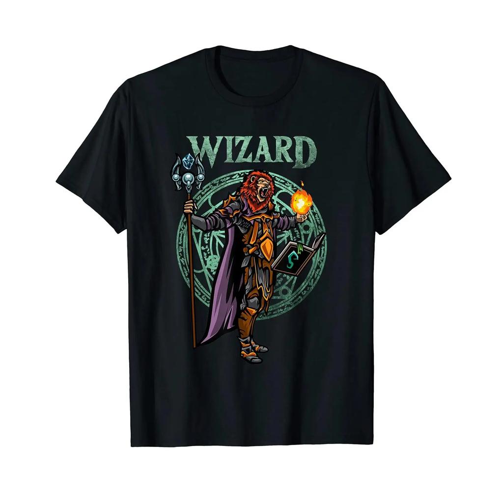 Lion Wizard Fantasy D20 Role Play T Shirt Black S Vintage Unisex Versatile Graphic Streetwear Stretched Slightly