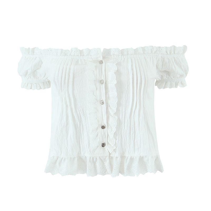 Linai Chronicle Mitr Niche First Love White Lace Wooden Ear Patchwork Pleat off-Shoulder Shirts Top