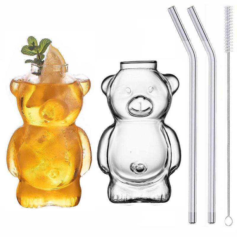 300ml Kreativer Bären-Becher aus hohem Borosilikatglas mit Strohhalm, Klarer Saft- & Cocktailbecher, Hitzebeständiger Milchkaffeebecher für Zuhause