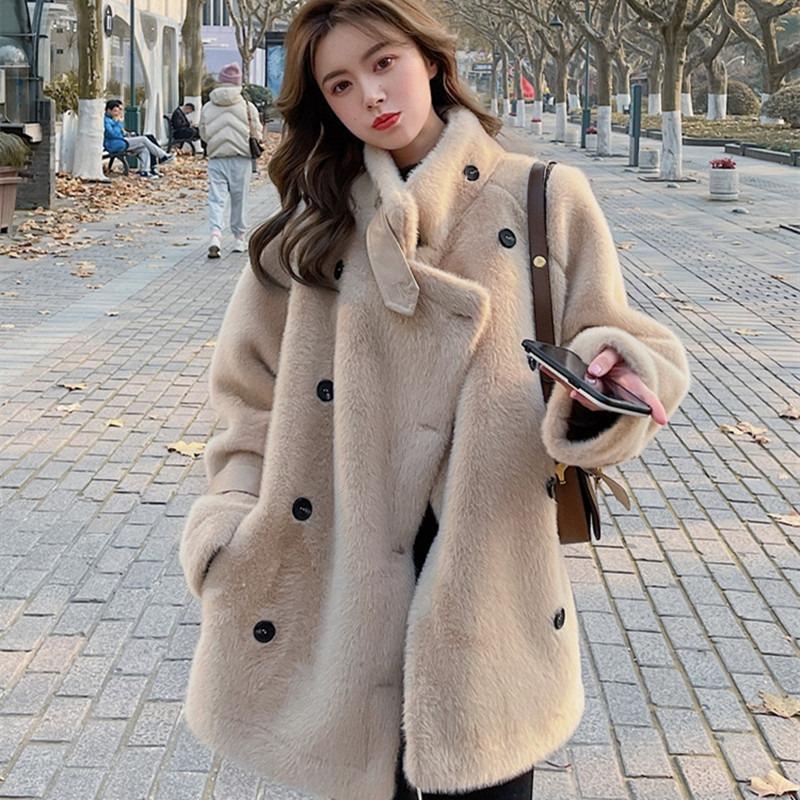 Fur Integrated Imitation Fur Coat Women's Medium and Long Loose Fashion Double-breasted Plush Thick Coat