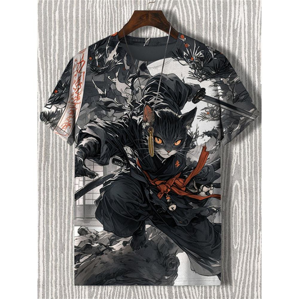 Japanese Style Samurai Cat Graphic T Shirt For Men Causal 3D Printed O Neck Short Sleeve Tees Outdoor Oversize Men Clothing Tops
