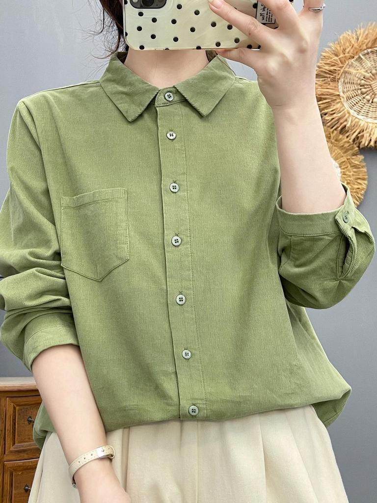 Women's Japanese Style Corduroy Long-Sleeve Shirt - Pure Cotton, High Quality, Retro Artistic, Loose Fit