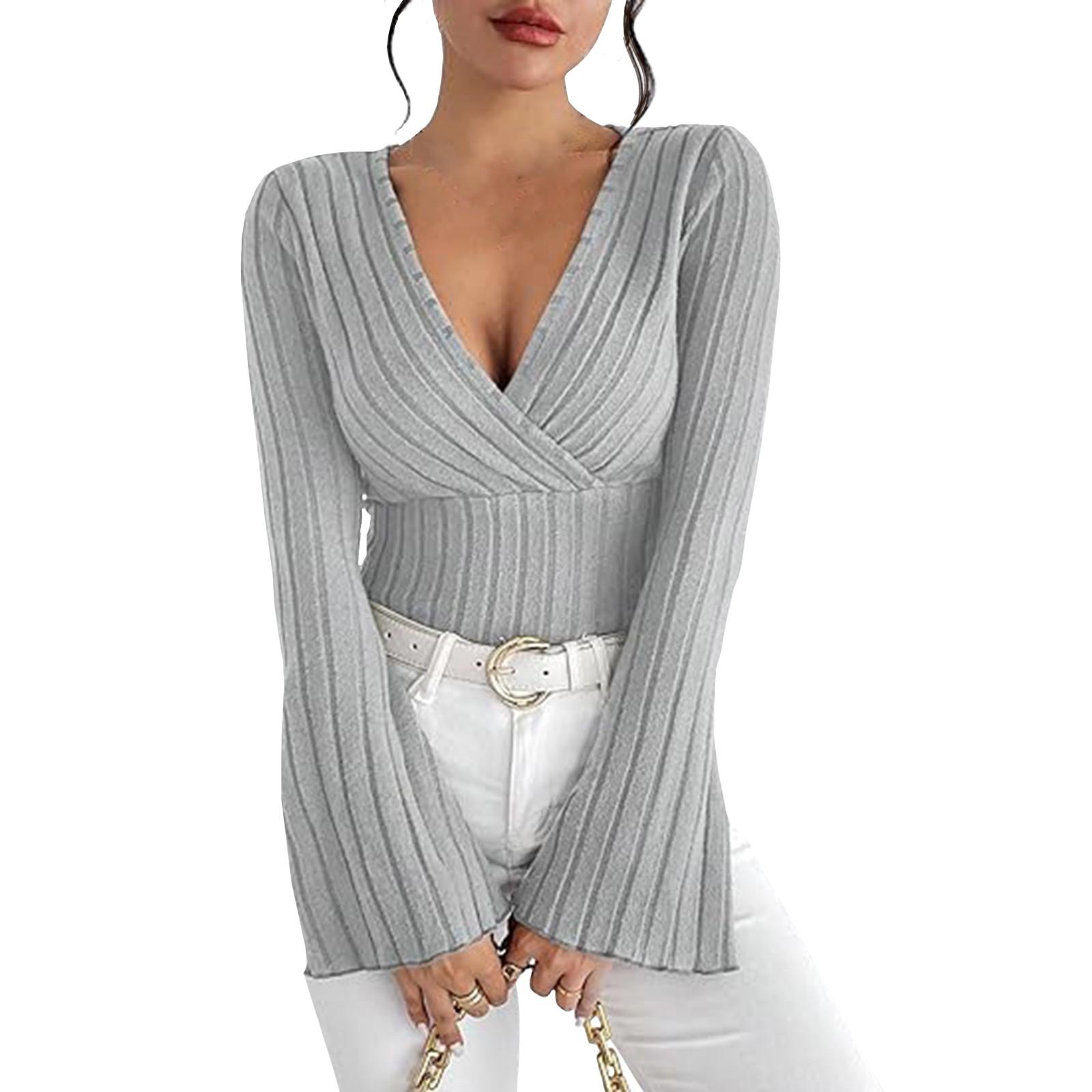 

Женская мода осень и зима ребристые однотонные V-образный вырез тонкие длинные рукава футболки топы L