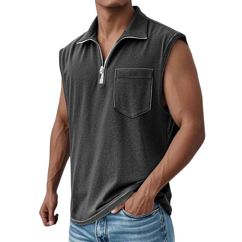 Men's Summer Solid Color Sports Zipper Lapel Vest Men's Sports Casual Vest