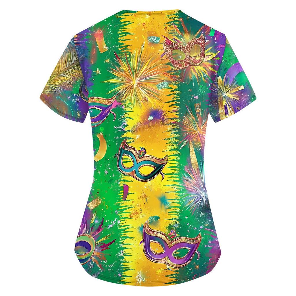 Women's Fashion V-neck Short Sleeve Workwear With Pockets Printed Tops