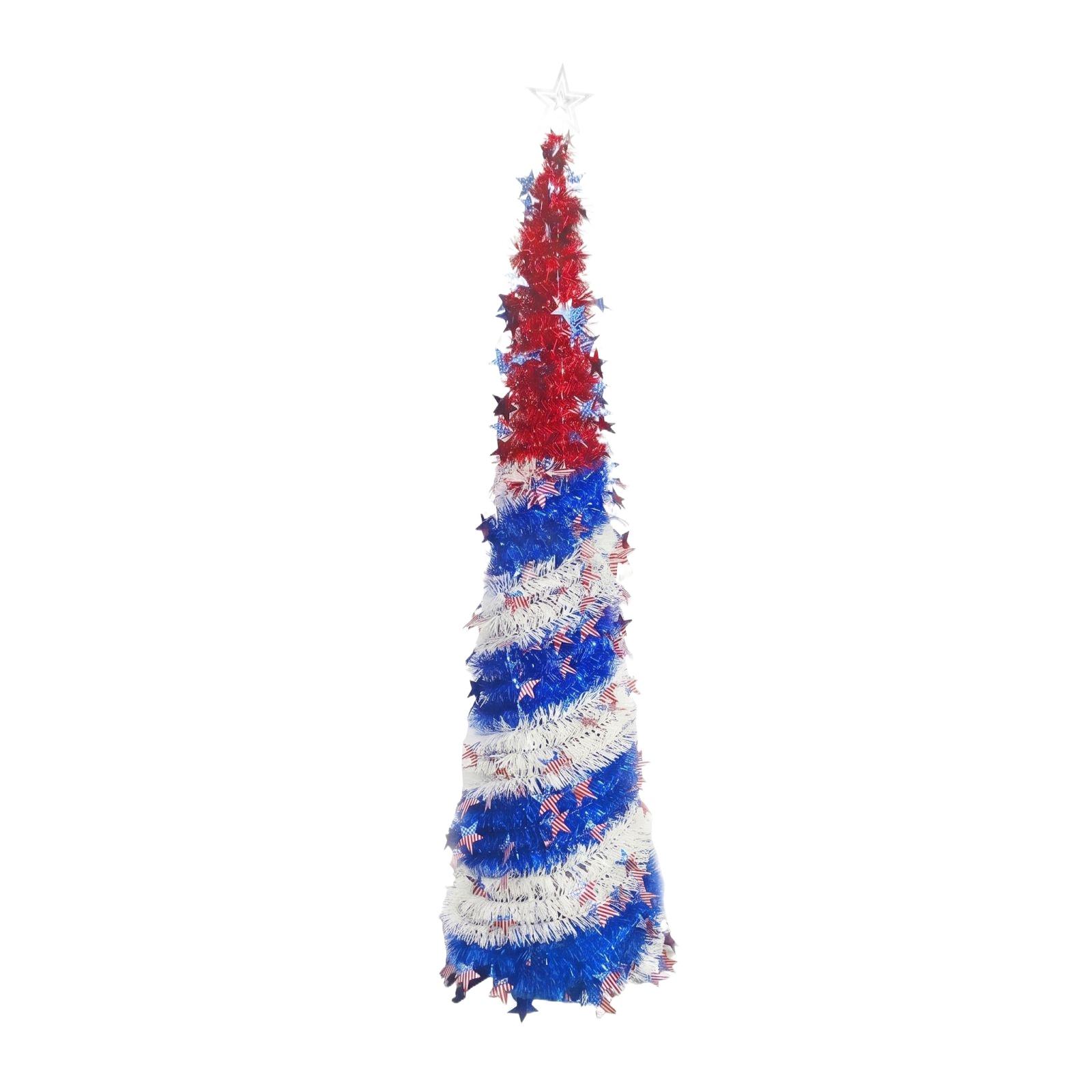 

US Independence Day Foldable Tree — Red, And Blue Striped, Star-Adorned, Decorative Ornament One Size