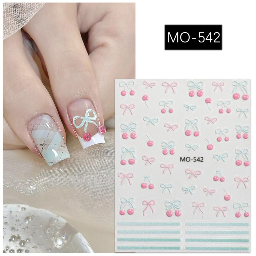 1Pcs 3D Mint Cherry Bowknot Fresh Jelly Nail Charm Stickers Embossed Slider Decals Summer Self-Adhesive Manicure Decoration