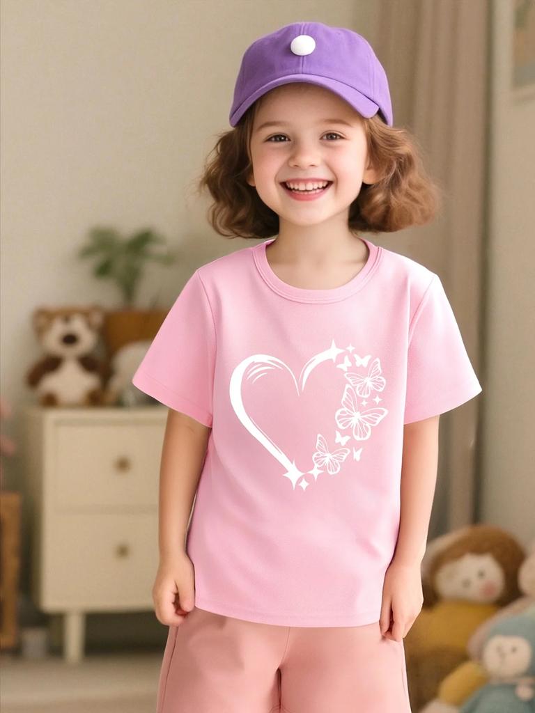 Girls White Heart Butterfly Print Short Sleeve T Shirt Cute Romantic Graphic Toddler Kids Casual Summer Tee Top
