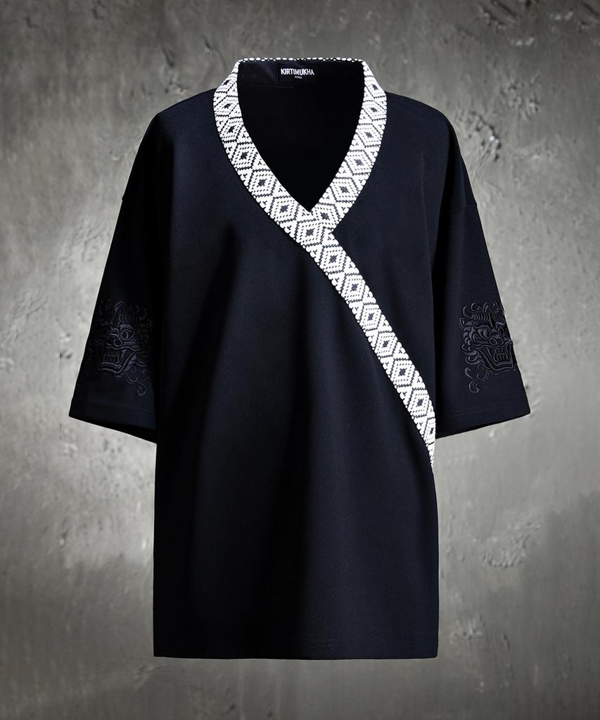 Kileutimuka Embroidered Ethnic Rope Diagonal V-Neck Short Sleeve Tee Black