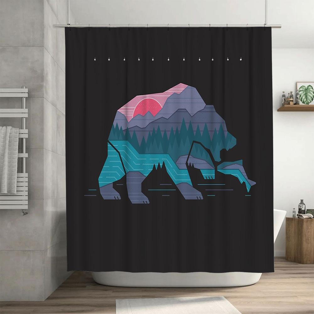 Bear Forest Mountain Silhouette Shower Curtain Nature Wildlife Animals Woodland Decor Bathroom Set Vintage Rustic Home Decor