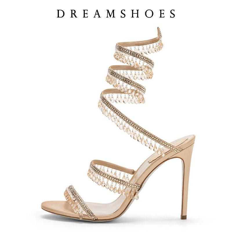 2025 Women's New Shimmering Crystals Summer Shoes Tassel Crystal Shoes Sexy Banquet Party Twin Stiletto Women's Large Sandals