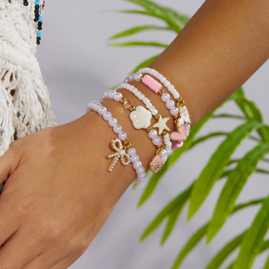 5pcs/set Bohemian Starfish Shell Imitation Pearl Bracelet for Women Ethnic Style Pink Beads Fishtail Flower Bangle Beach Jewelry